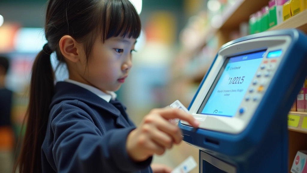 Child checking Octopus card balance on a self-service reader machine at a convenience store