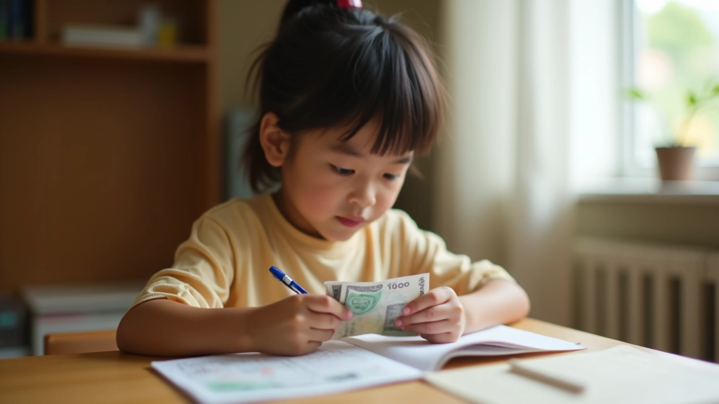 Child carefully counting money and writing notes in a budget journal during Chinese New Year