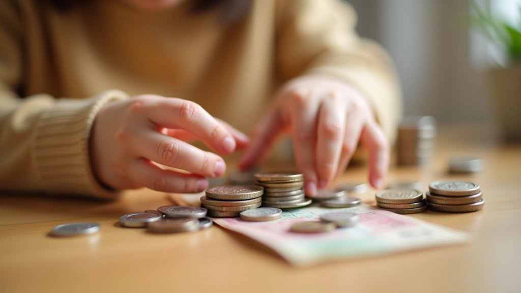 Child counting coins and learning to save