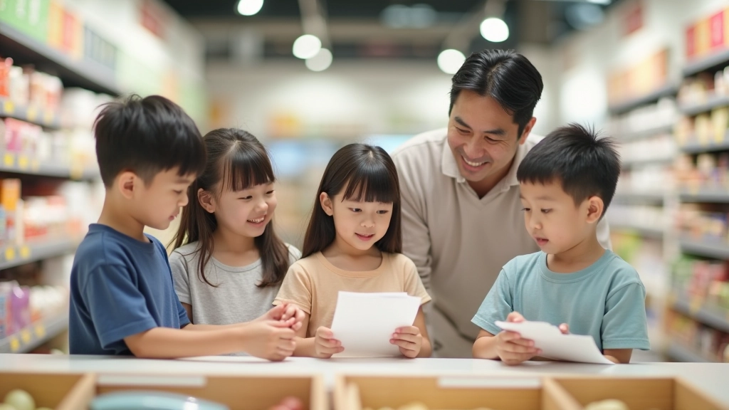 Three different-aged children with parents in a supermarket, each engaged with shopping at their level