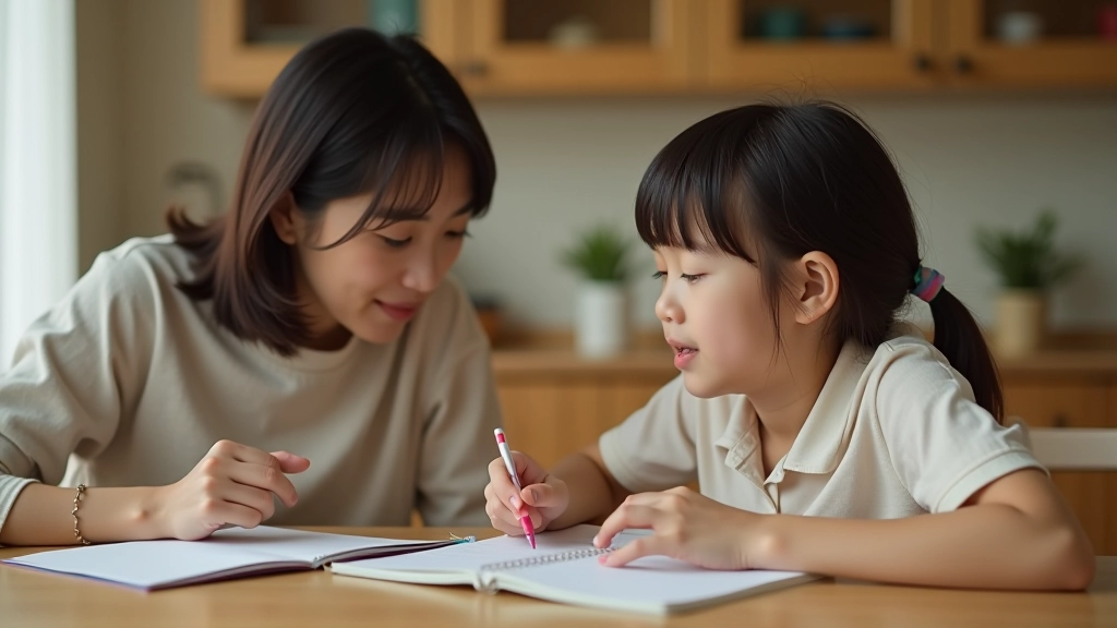 Parent and child having a conversation at kitchen table with Octopus card and notebook visible