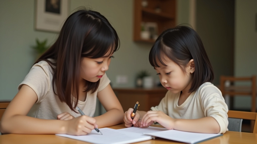 Parent and child discussing budget and spending plan with a notebook and calculator during Chinese New Year