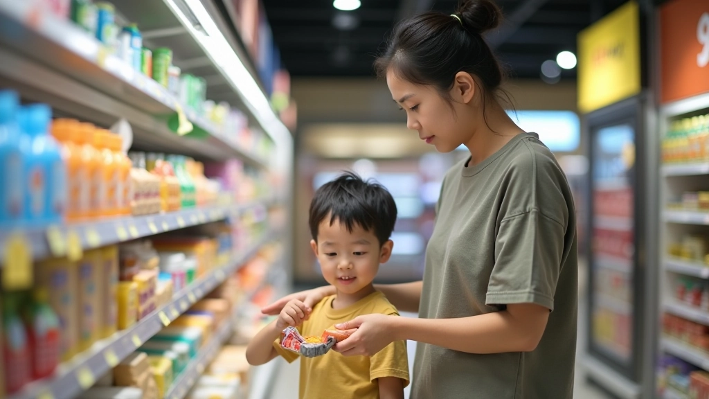 Family shopping at a supermarket with a parent and child looking at price tags and groceries