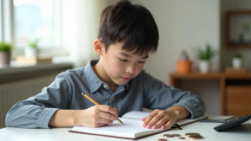 A teenager writing in a savings tracking notebook with coins and a calculator on the desk beside it
